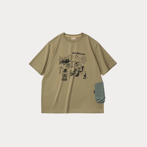 Outdoor Camp Print T-Shirt – Men’s Summer Tee with Waterproof Pocket